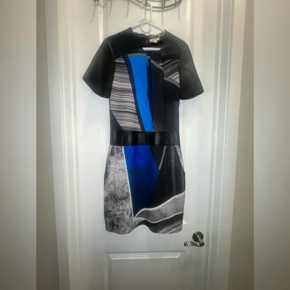 Helmut Lang Fracture Print Dress with Leather Sleeves and Waist Lamb Skin - Picture 2 of 5